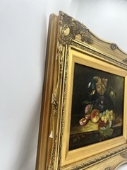Vintage Signed Van Hunt Still Life Oil Painting Fruit Grapes Wine Glass Framed