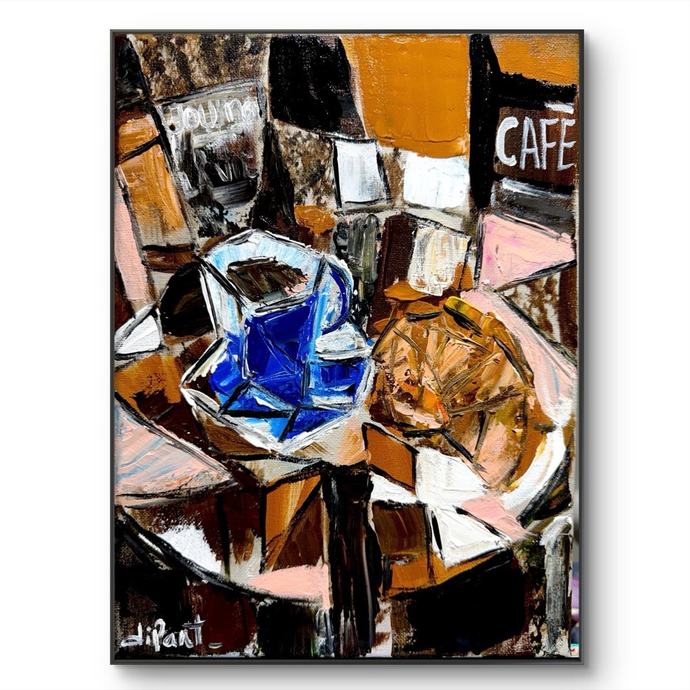 Coffee Croissant Original Art 9×12 Canvas Cubism Art Fine Art Abstract Decor