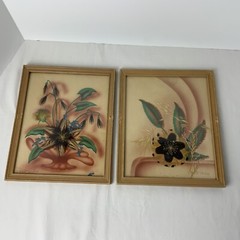 I, Bisek Prokop Handmade Feather Flower Craft Dakota Prairie VTG Framed Set of 2