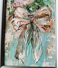Original Oil Painting Pink Bow and Rose Art Miniature Signed Art 6×4 in