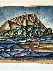 ANTIQUE MODERNIST PAINTING EXHIBITED IN SAN FRANCISCO 1930’S CUBISM WPA COASTAL