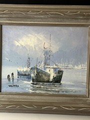 Thomas Oil Painting Blue Seascape Harbor Boats Framed Canvas Vintage 12”x14”