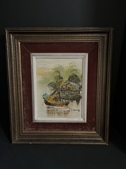 Vintage original oil on canvas boats with velvet matting wood frame signed