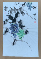CHINESE JAPANESE ASIAN CALLIGRAPHY SIGNED INK-WATERCOLOR PAINTING GRAPES FRUITS