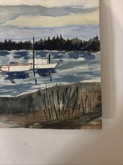 VTG 1960s Original Watercolor Coastal Fishing Shack Harbor Boats Nautical Paint