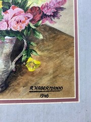 R Habermann 1966 „Still Life With Flowers Scene“ Gouache Painting -Signed/Framed
