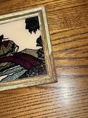 Vintage Woman On Bridge Etched on Glass Painting Metallic Mini 4.5×3.5” Framed