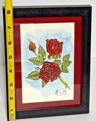Original Botanical Rose Mixed Media Art Red Watercolor Pen Framed 8×6 Signed Qed