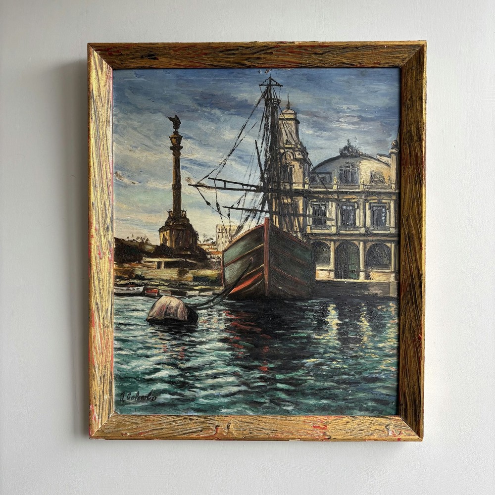 Handcrafted Harbor Scene Oil Painting „Docked Gondola“ Original Art