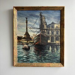 Handcrafted Harbor Scene Oil Painting „Docked Gondola“ Original Art