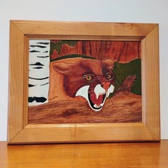 Vintage Raised Hand Tooled Leather Painting Mountain Lion Cougar Signed GM 15×12