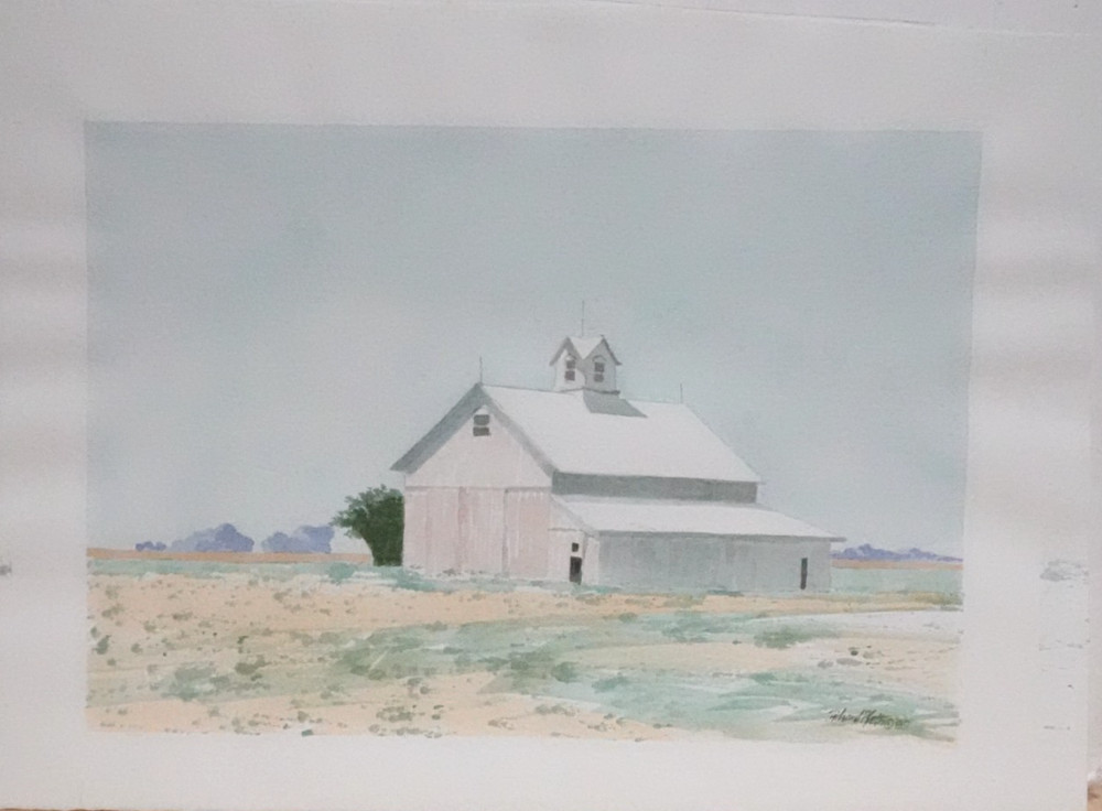 RICHARD P. SETH „WHITE BARN“ SMALL ORIGINAL WATERCOLOR LANDSCAPE PAINTING 1989