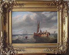 TENDER TO A T-CLASS SHIP HEAVY SEAS OI L PAINTING JAMES WILSON CARMICHAEL c1830s