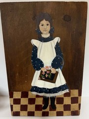 Cottagecore Vintage Folk Art Girl Painting on Wood G. Brennan 1991 17”x11.5”