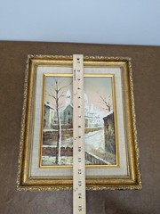 Vintage Oil Painting Of Snowy European Street With Ornate Gold Frame