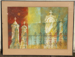 Church Cemetery 21 1/4 x 29 5/8″ Casein Painting-1982-William Gorman-N.J. Listed