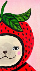 Dog in Strawberry Costume Painting, Whimsical Dog Art 11×14