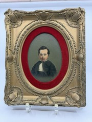 Antique Oil Portrait Young Boy In Ornate Renaissance Revival Gesso Gilt Frame