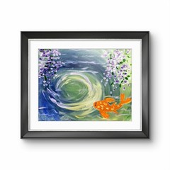 Koi Fish Pond with Wisteria Reflection Acrylic Painting 11×14