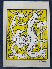 keith haring drawing and painting on old paper signed stamped vintage