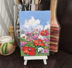 Miniature Original Oil Painting Clover and Poppies Impasto Original Art 6x4in