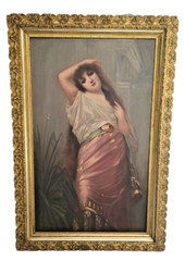 1885 Oil Painting, Ottoman Garden a Pre-Raphaelite Woman Gold Gilt Frame 60″x40″