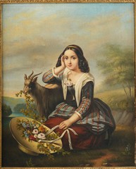 „Girl with Goat“ 19th Century French School Painting Portrait