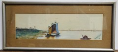 Vintage Original Watercolor Sailboat in Harbor Mabele Walkey 1909 Signed 15×4″