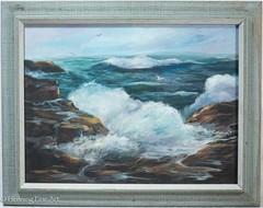 Vintage Impressionist Oil Painting of Rocky Seascape by R. McMahon 22.5×28.5″