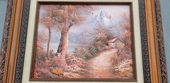 Framed Oil Painting fiber board 15″x13″ Landscape Cabin Forest signed C Inness