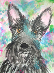ACEO Original CUTE BLACK SCOTTY SCOTTISH TERRIER DOG Abstract Painting