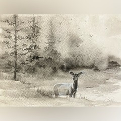 Original Deer Watercolor Painting Forest Misty Landscape Art signed by artist