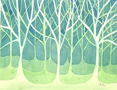 PAINTING WATERCOLOR 11X14 & MAT 16X20 TREES SPRING LANDSCAPE GREEN BLUE ORIGINAL