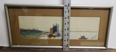 Vintage Original Watercolor Sailboat in Harbor Mabele Walkey 1909 Signed 15×4″