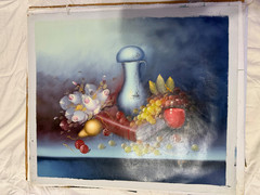 Vintage Fruit & Floral Still Life Oil Painting Grapes Pear Vase Tabletop Art