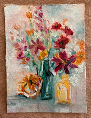 Abstract Floral Original Miniature Oil Painting R.Machan 2.5″x3.5″ ATC ACEO