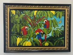 Sal Salinero Florida Artist Scarlet Plumage and Schefflera Blooms 36×26 Giclee