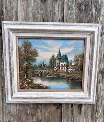 Matilda Signed Framed Impressionist Canvas Landscape Castle Bridge River, Small