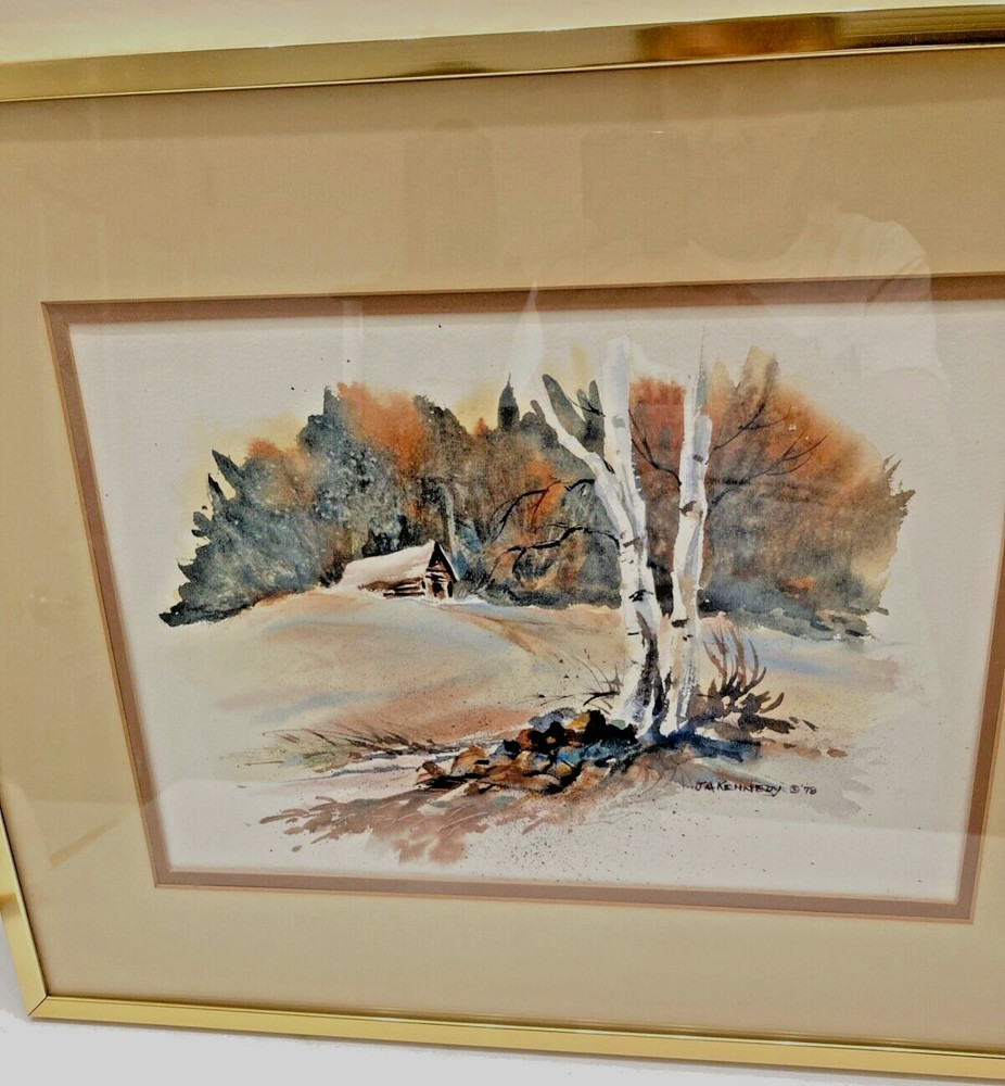 Joseph A Kennedy Watercolor Log Cabin Winter Landscape White Birch Tree Vtg 1978