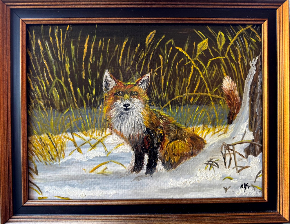 Winter Fox in snow painting on canvas board framed 12″ x 9″ Ruby Shneider