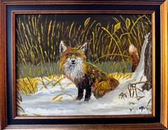 Winter Fox in snow painting on canvas board framed 12″ x 9″ Ruby Shneider