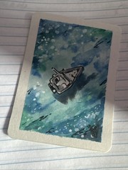 ACEO Original Painting Watercolor Ink Shortiez ink ATC Ocean Little Boat 2