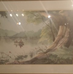 Richard E Williams Signed Watercolor Landscape Painting Framed Lake Boat Tree
