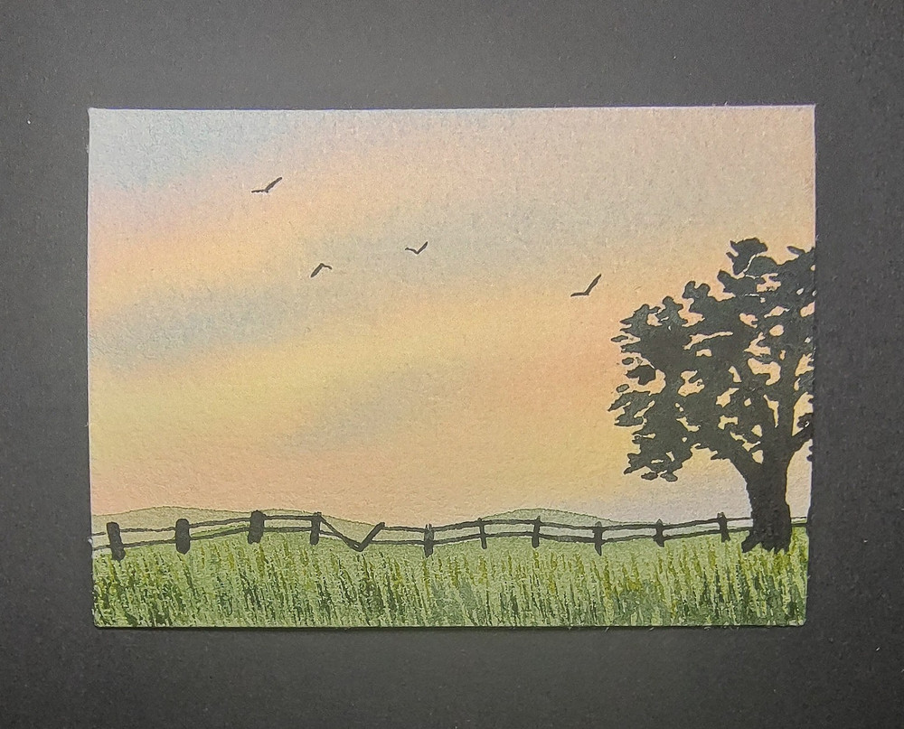 Small Contemporary Sunset Landscape Tree Sky Watercolor Painting Unframed