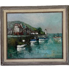 Oil Painting MCM Boats in a Waterfront Harbor Framed 26×30“ Signed Original