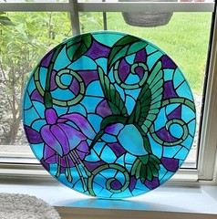 HUMMINGBIRD with Fuchsia Flower Reverse Painted Art Glass Plate 14”