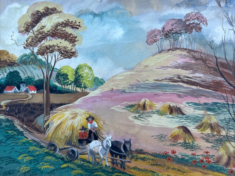 ANTIQUE WPA ERA PAINTING FARM FARMING FARMER HAY RIDE LISTED FAMOUS ALEXANDER