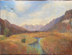 Oil painting undetermined sign. Autumnal river landscape in the mountains valley