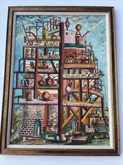 Vintage Industrial Painting Construction Workers Factory Urban Modernism Listed