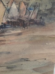 Vintage Watercolor Ink Maritime Seascape Painting Sailboats Coastal Beach Framed